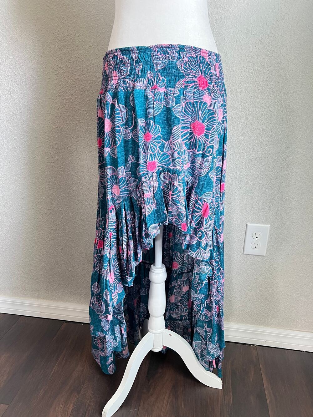Free People Morning Sun Ruffle Floral Maxi Skirt Women's M Hi-Lo Bohemian Beach
